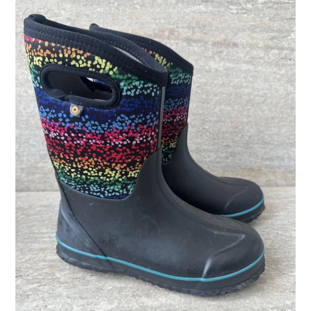 Bogs Youth Classic Rain Snow Boots Black Rainbow Insulated Waterproof Sz 5 EU 38
